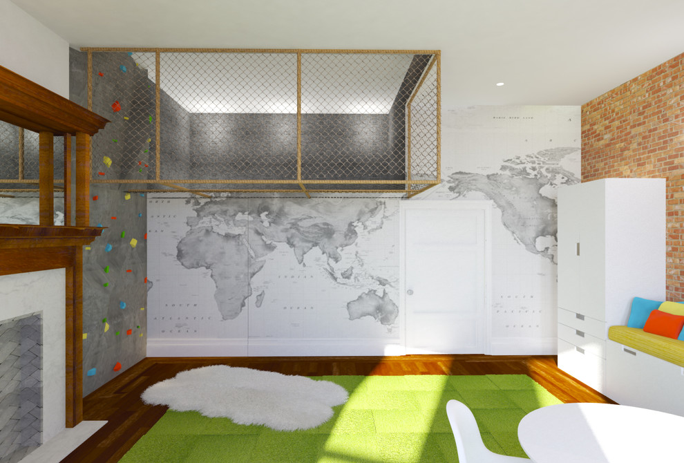Modelo de dormitorio infantil de 4 a 10 años contemporáneo grande con paredes blancas, moqueta y suelo marrón