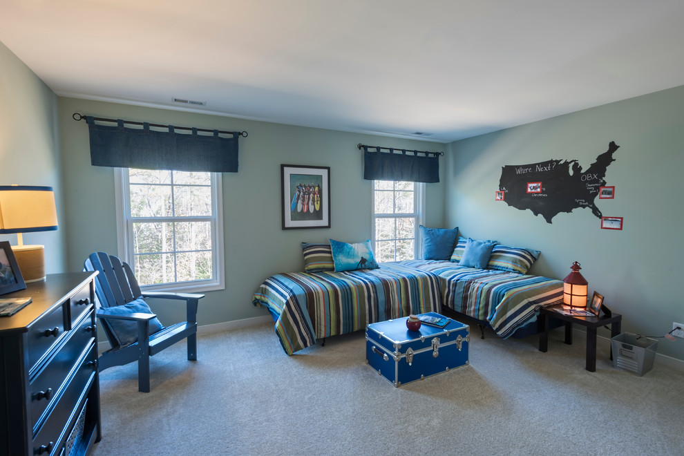 Photo of a large traditional bedroom in Richmond with blue walls, carpet and beige floors.