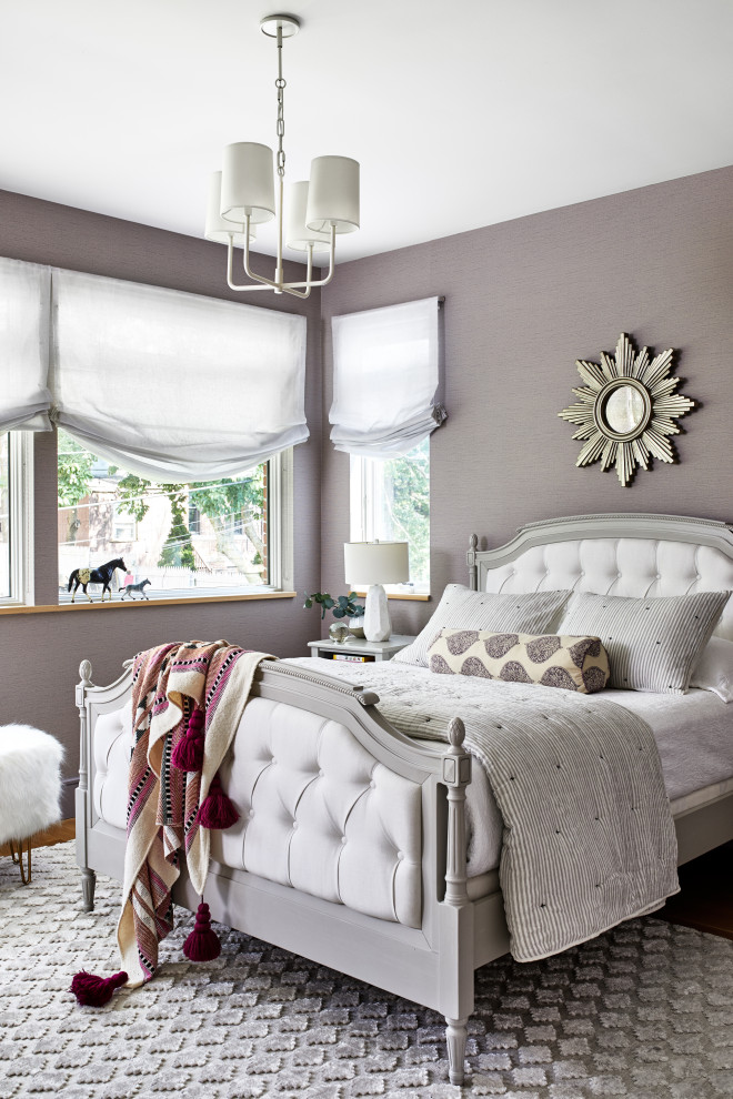 Inspiration for a medium sized traditional teen’s room for girls in Los Angeles with purple walls, medium hardwood flooring and brown floors.