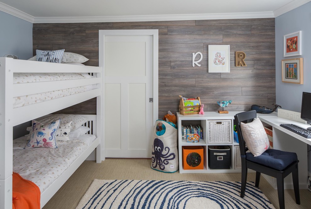 Example of a small beach style gender-neutral carpeted kids' room design in Calgary with multicolored walls