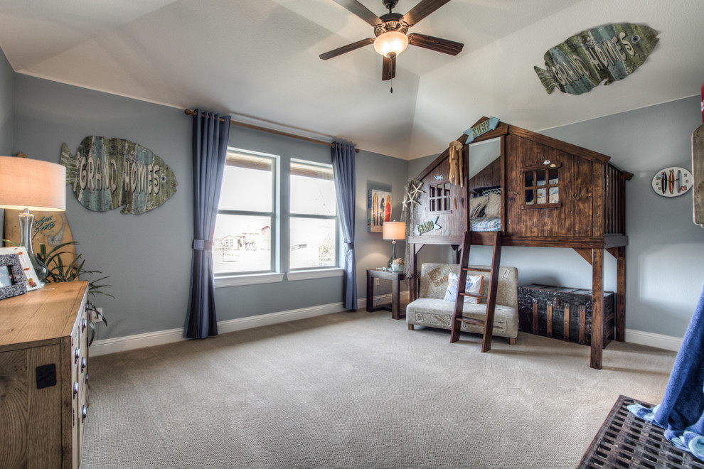 Example of a classic gender-neutral carpeted kids' room design in Dallas with blue walls