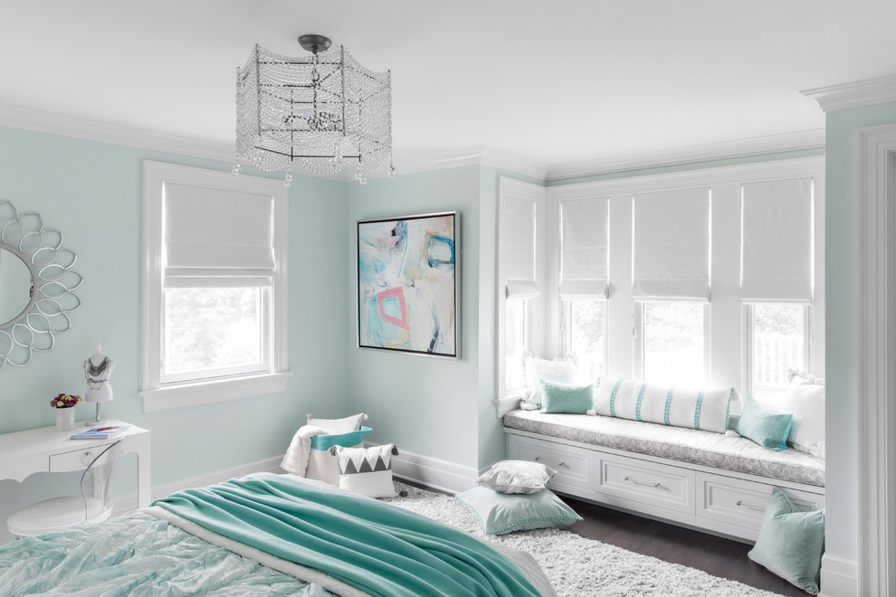 Inspiration for a coastal girl dark wood floor kids' room remodel in New York with green walls
