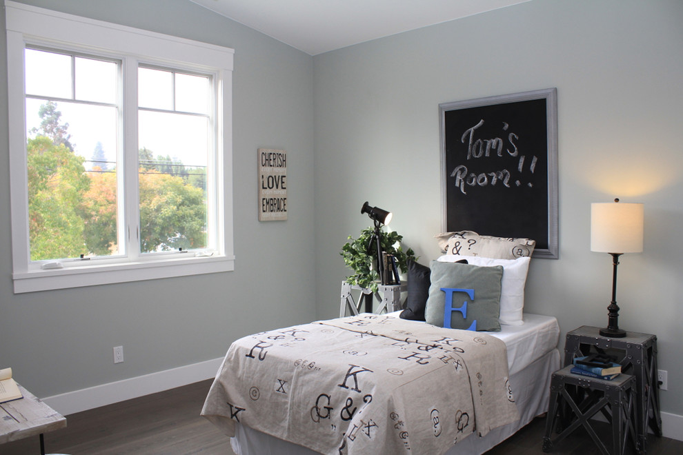 Design ideas for a modern children’s room for boys in San Francisco with grey walls and dark hardwood flooring.