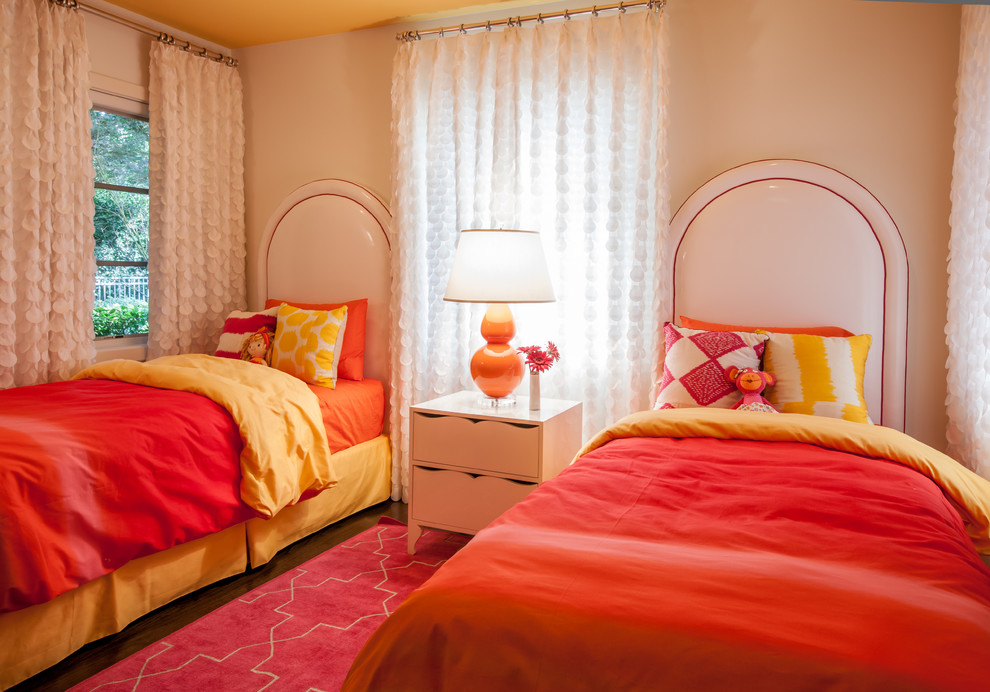 Contemporary children’s room for girls in Dallas with beige walls.