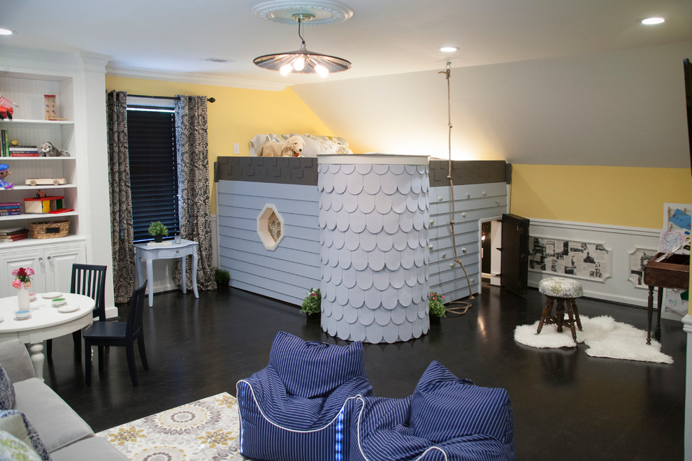 Inspiration for a contemporary children’s room in Atlanta with yellow walls and dark hardwood flooring.