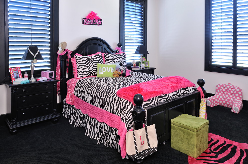 Example of a mid-sized classic girl carpeted kids' room design in Houston with white walls
