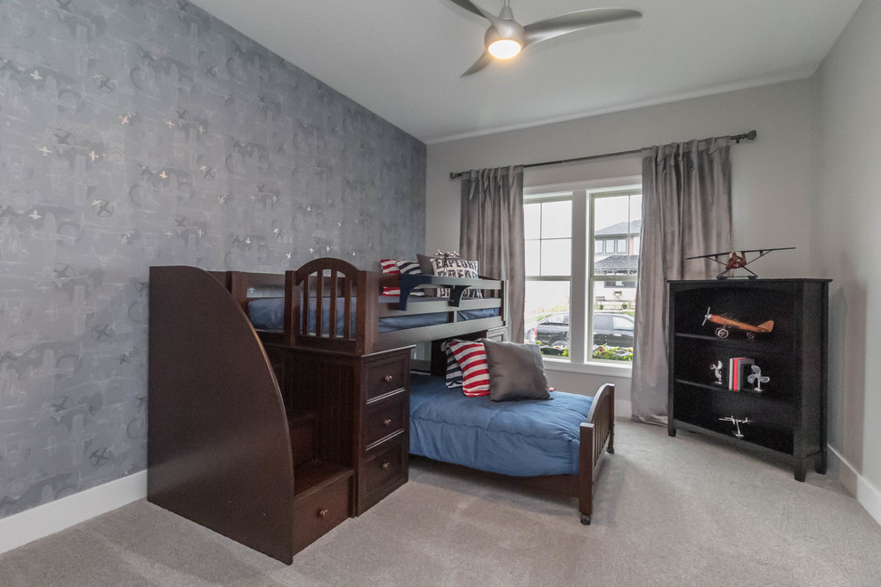 Mittelgroßes Modernes Jungszimmer mit Schlafplatz, grauer Wandfarbe und Teppichboden in Sonstige