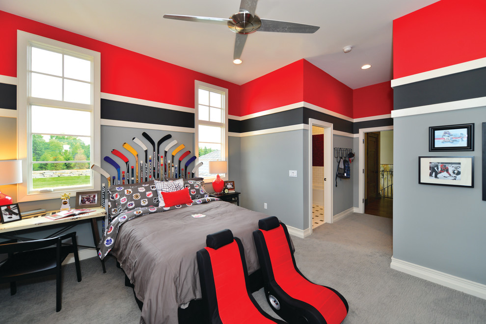 Foto på ett mellanstort funkis barnrum kombinerat med sovrum, med heltäckningsmatta, flerfärgade väggar och grått golv