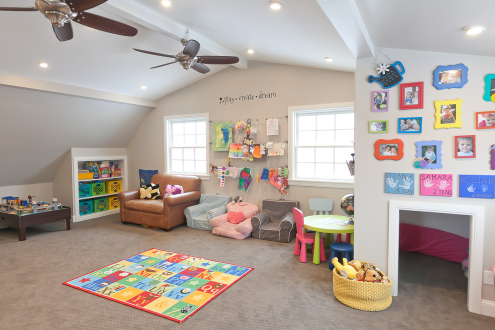 Large classic gender neutral kids' bedroom in Denver with grey walls and carpet.