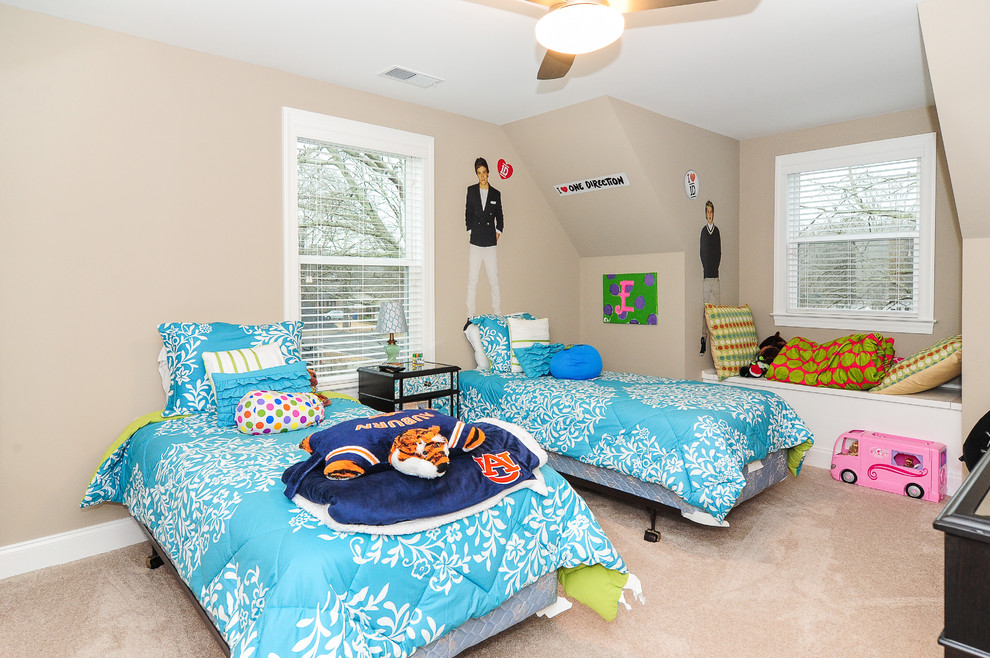 Photo of a medium sized traditional teen’s room for girls in Birmingham with beige walls and carpet.
