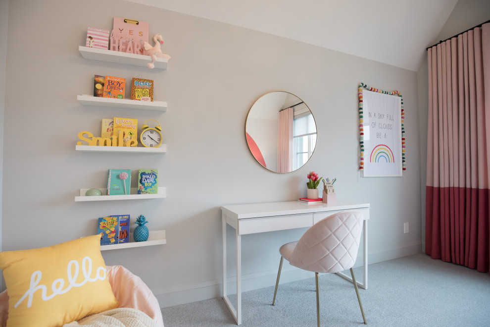 Large trendy girl carpeted, gray floor, vaulted ceiling and wallpaper kids' room photo in Calgary with white walls
