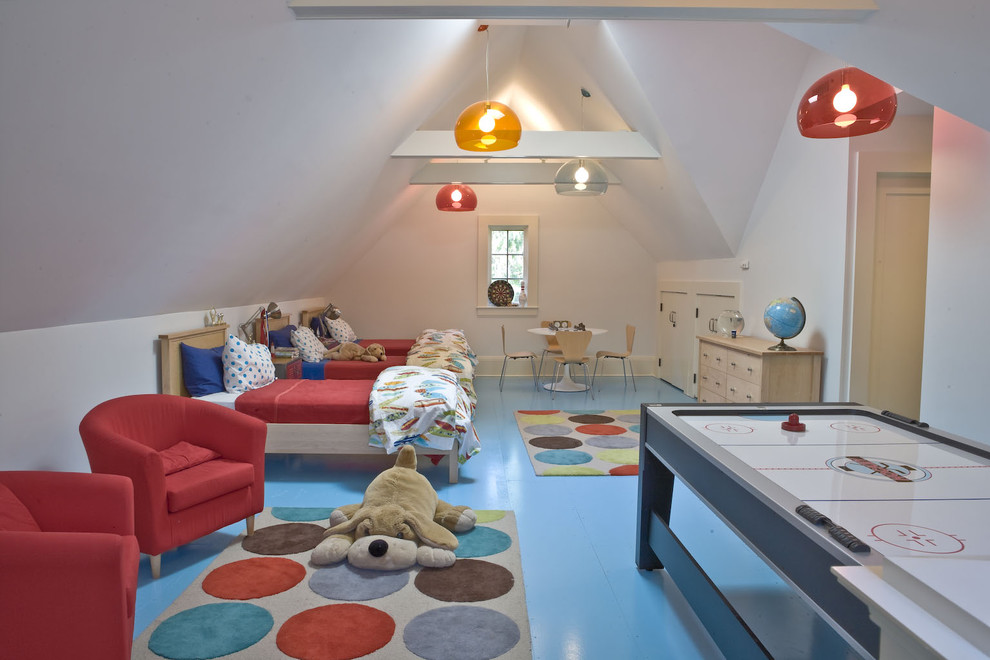 Inspiration för moderna barnrum kombinerat med lekrum, med blått golv