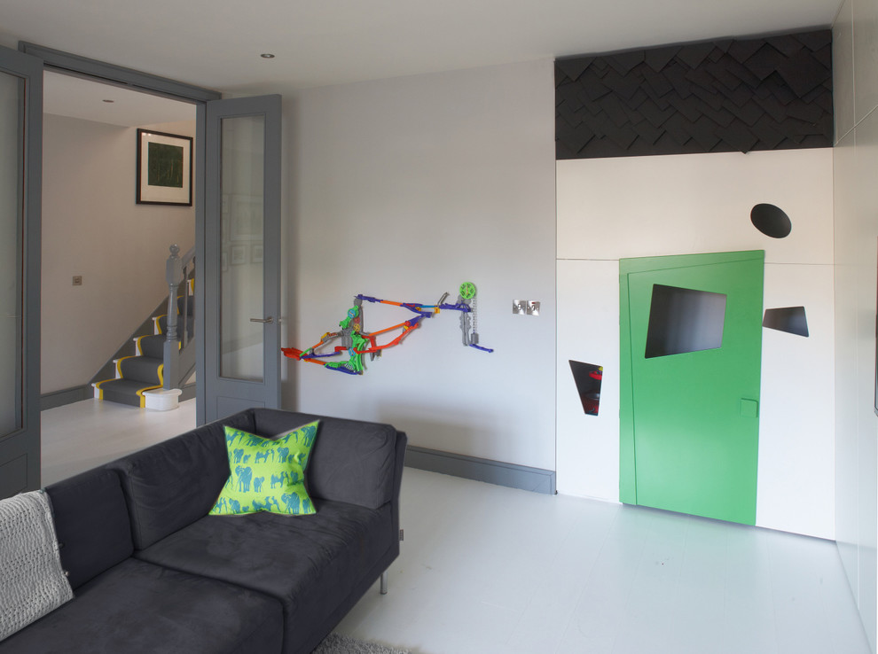 Diseño de dormitorio infantil de 4 a 10 años contemporáneo con paredes grises