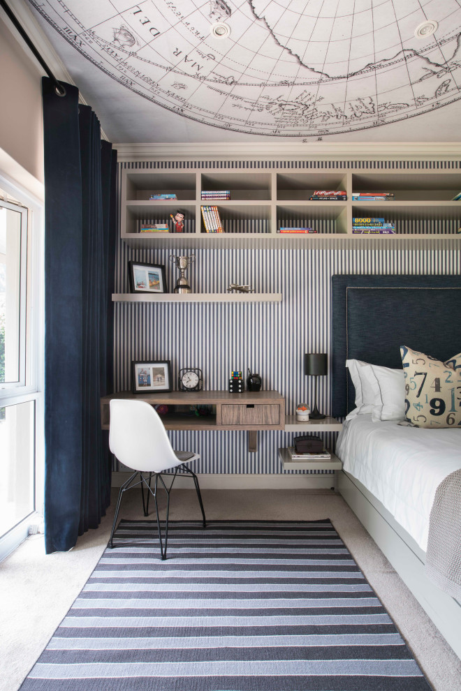Mid-sized transitional boy carpeted, gray floor, wallpaper ceiling and wallpaper kids' room photo in Other with gray walls
