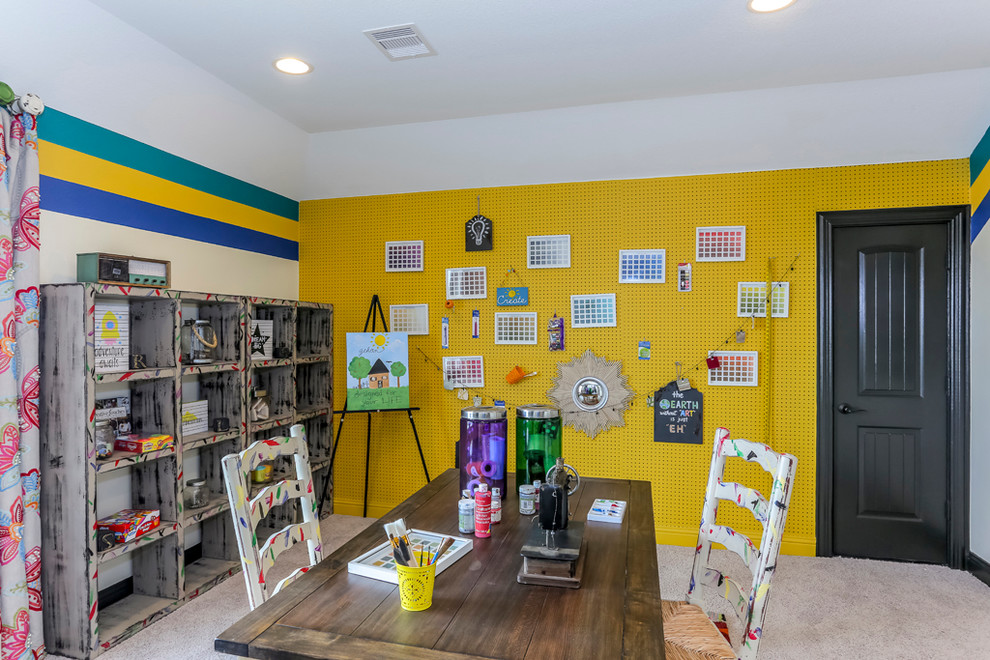 Medium sized gender neutral kids' bedroom in Dallas with carpet and multi-coloured walls.