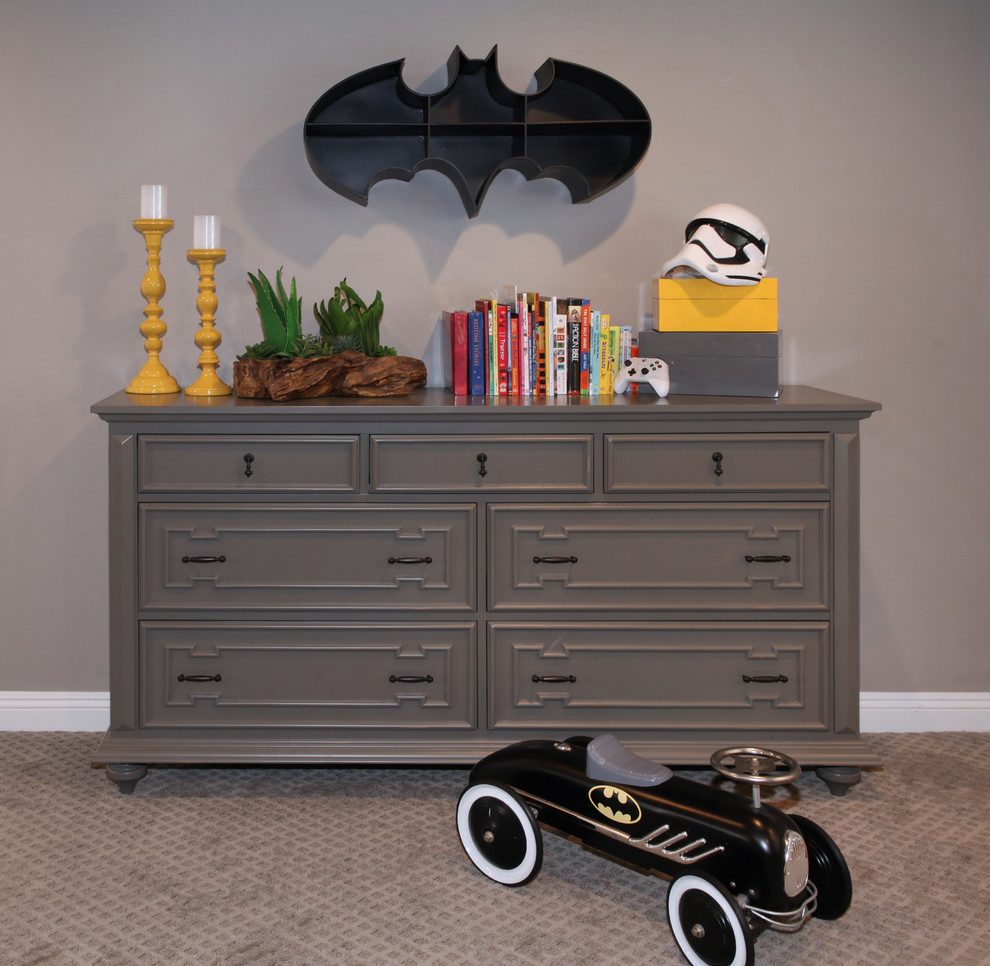 Inspiration for a mid-sized contemporary boy carpeted and gray floor kids' room remodel with gray walls