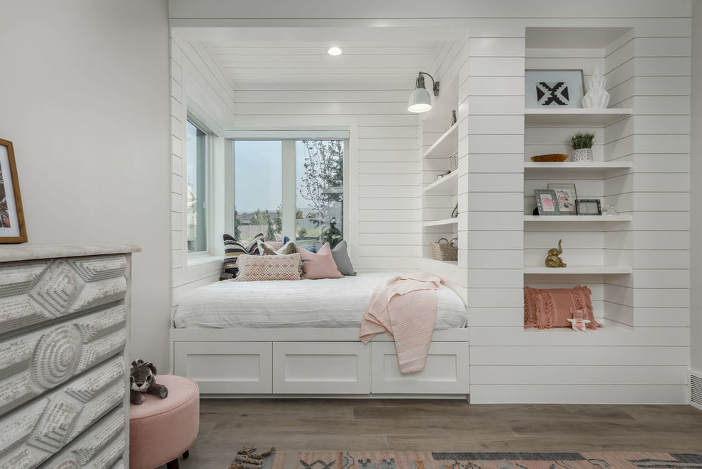 Inspiration for a large traditional children’s room for girls in Salt Lake City with grey walls, vinyl flooring and beige floors.