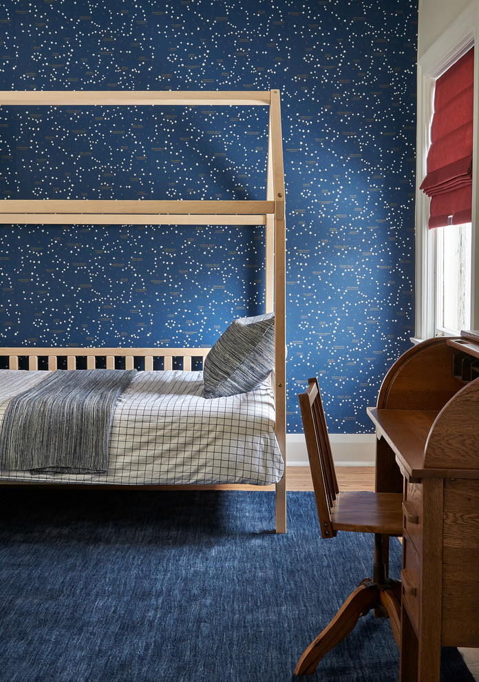 Traditional kids' bedroom in Toronto with blue walls, medium hardwood flooring and brown floors.