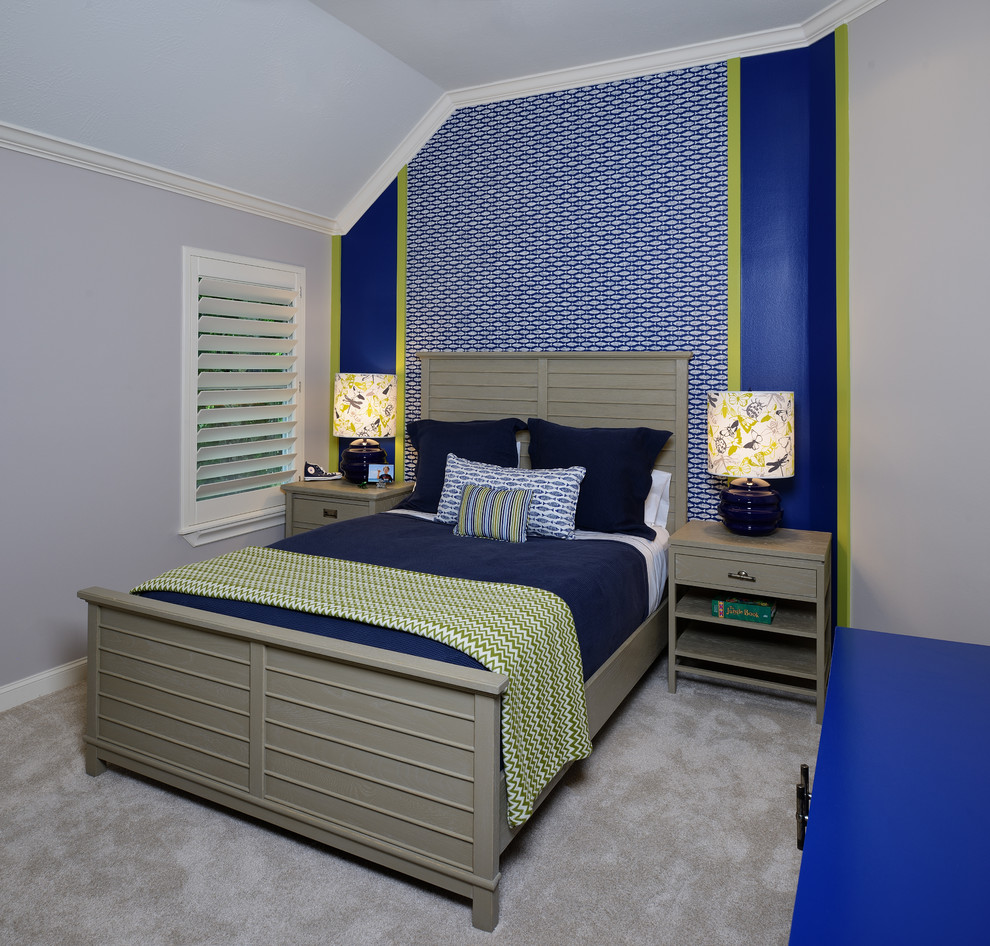 Photo of a medium sized contemporary children’s room for boys in Houston with blue walls and carpet.