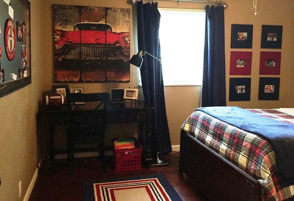 Photo of a medium sized urban teen’s room for boys in Oklahoma City with beige walls and medium hardwood flooring.
