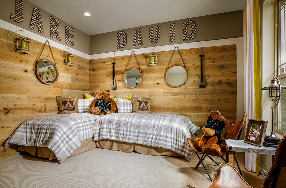 デンバーにある高級な中くらいなラスティックスタイルのおしゃれな子供部屋 (カーペット敷き、児童向け) の写真