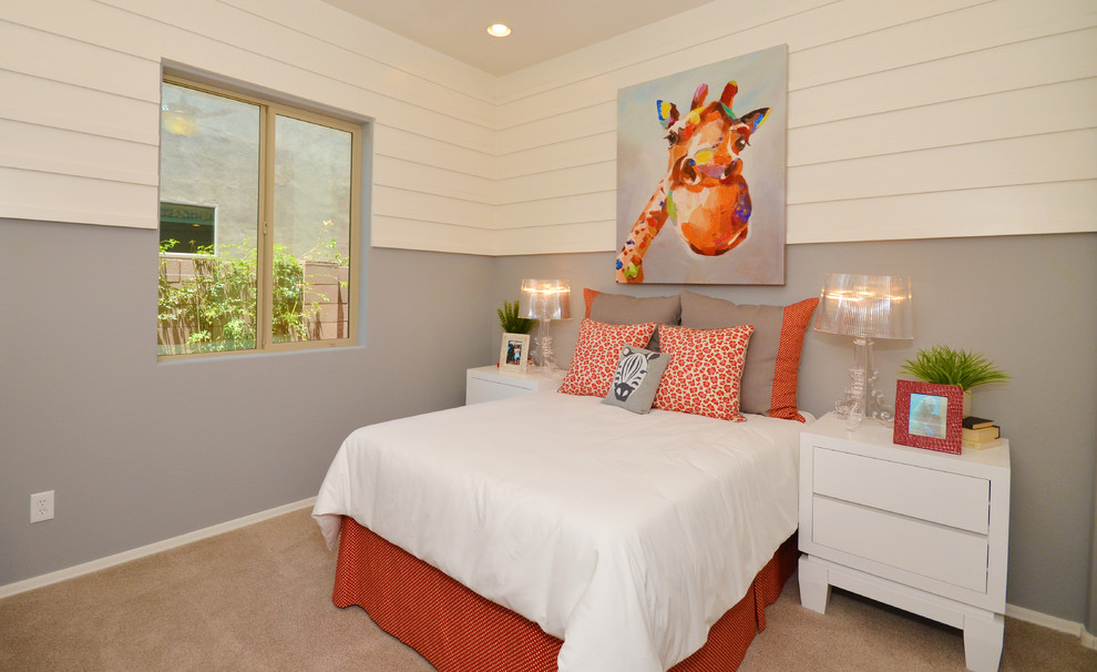 Mittelgroßes Modernes Mädchenzimmer mit Schlafplatz, grauer Wandfarbe und Teppichboden in Phoenix