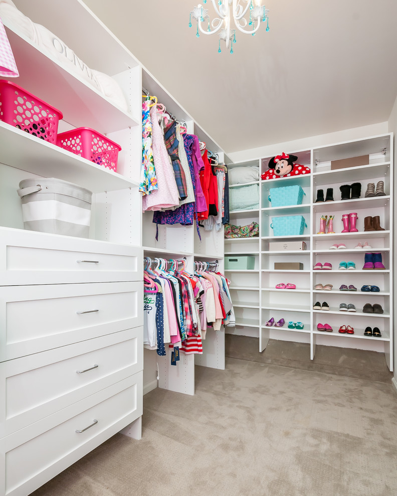 Design ideas for a contemporary children’s room for girls in Atlanta with white walls, carpet and grey floors.