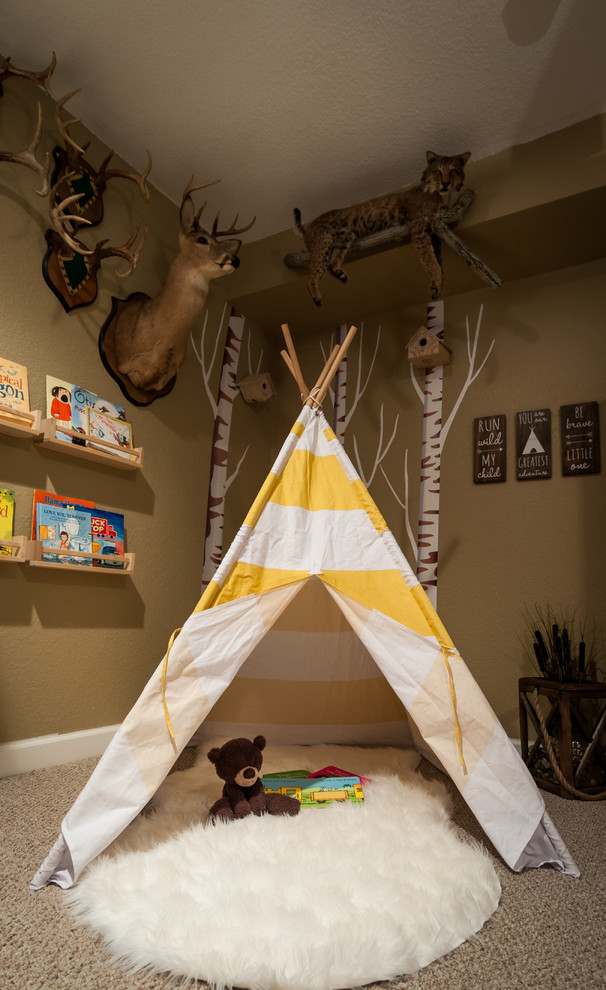 Playroom - mid-sized rustic gender-neutral carpeted playroom idea in Other with brown walls