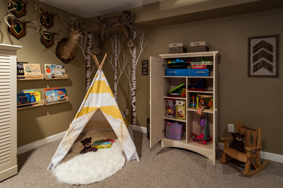 This is an example of a medium sized rustic gender neutral playroom in Other with brown walls and carpet.