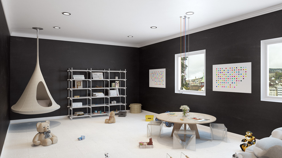 Idéer för att renovera ett funkis könsneutralt småbarnsrum kombinerat med lekrum, med svarta väggar
