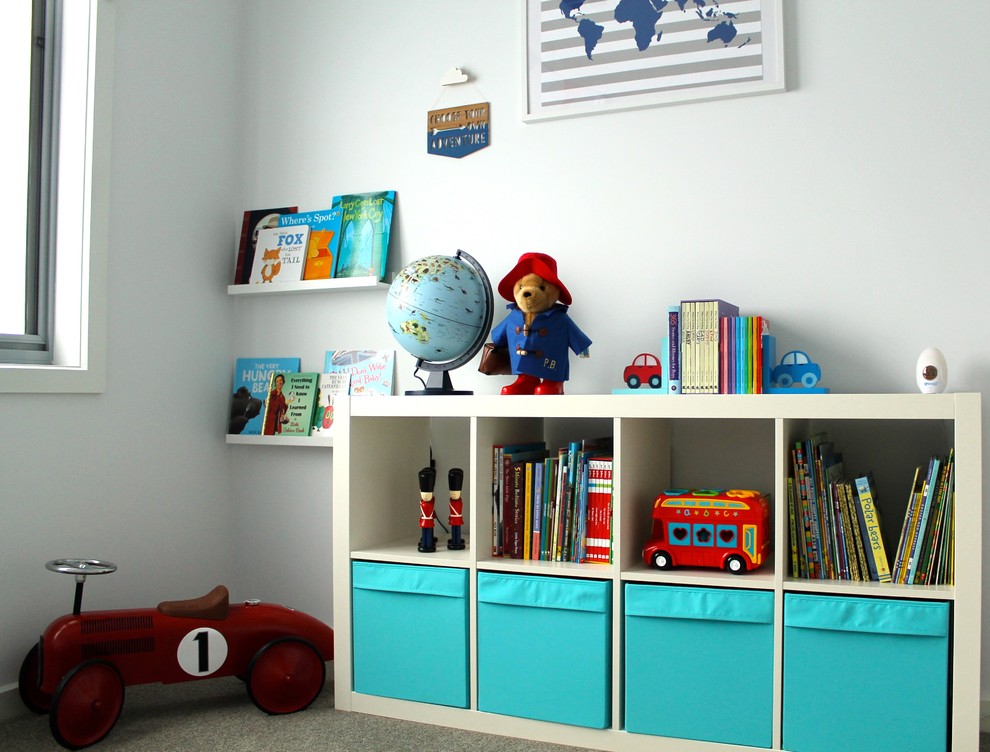 Design ideas for a medium sized contemporary toddler’s room for boys in Melbourne with white walls and carpet.
