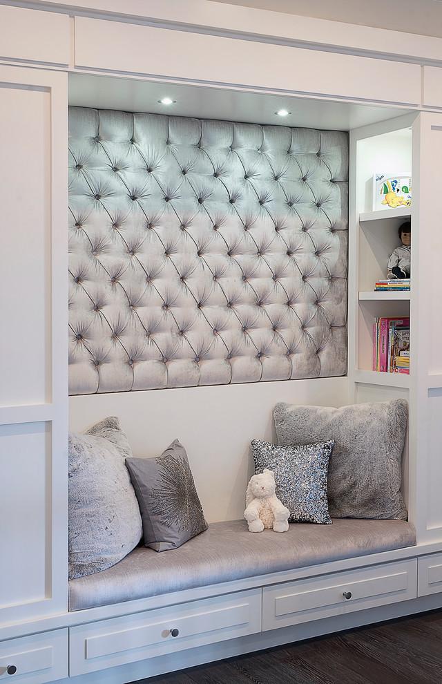 Inspiration for a small traditional gender neutral children’s room in Miami with grey walls and dark hardwood flooring.