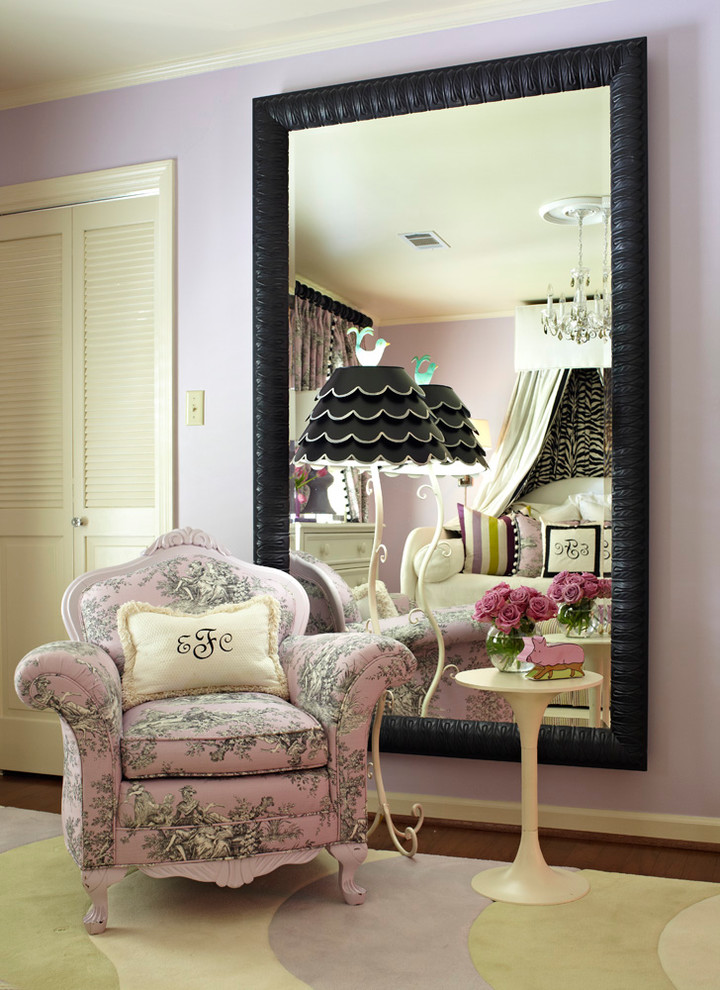 Mid-sized elegant girl carpeted kids' room photo in Little Rock with purple walls
