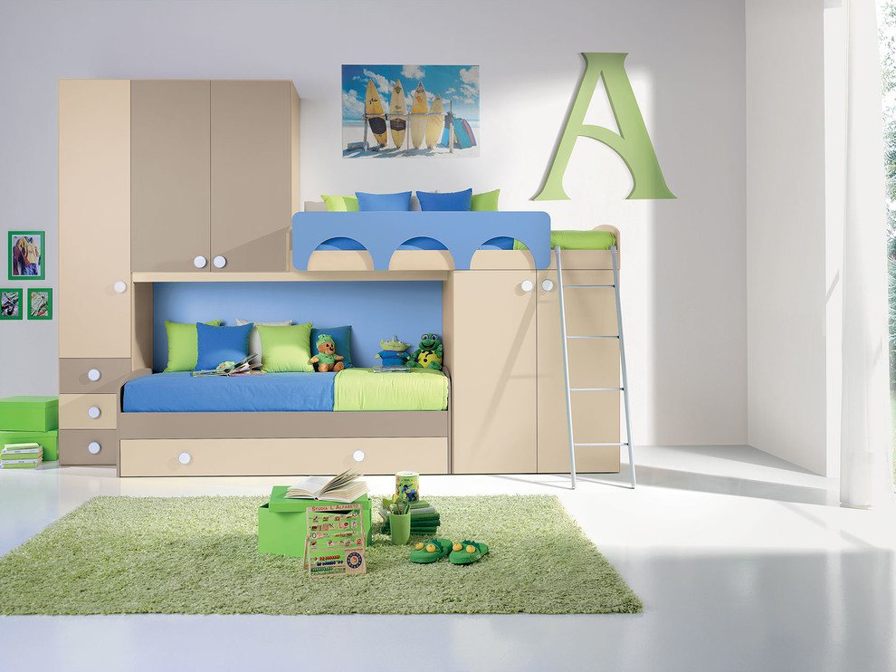 Свежая идея для дизайна: маленькая нейтральная детская в современном стиле с спальным местом для на участке и в саду, ребенка от 4 до 10 лет - отличное фото интерьера