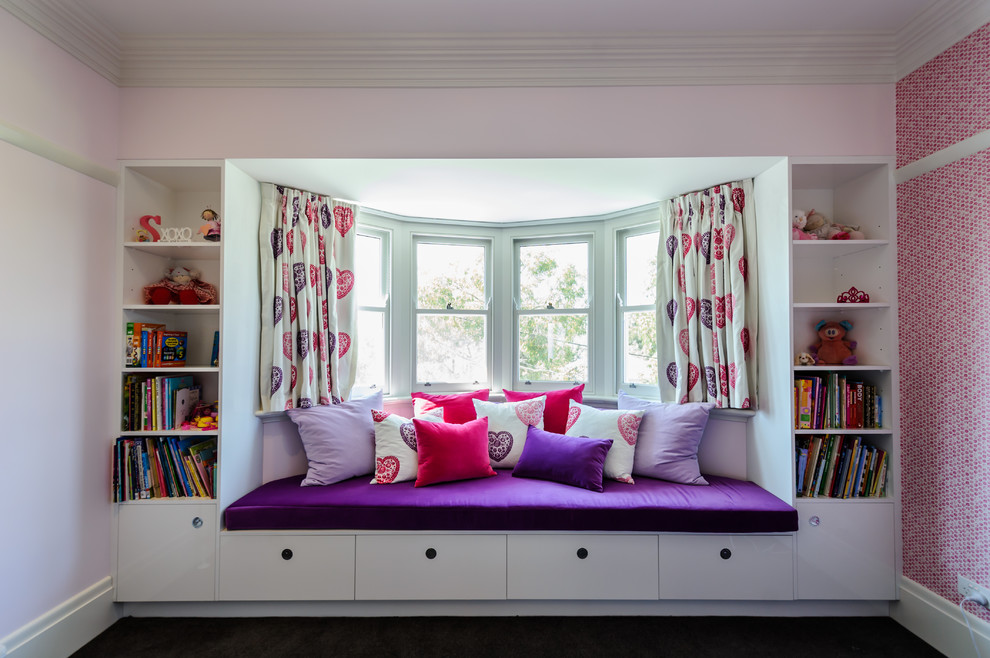 Kids' room - mid-sized contemporary carpeted kids' room idea in Melbourne with pink walls