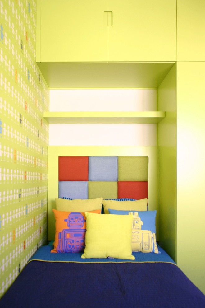 Design ideas for a small eclectic toddler’s room for boys in Other with green walls.