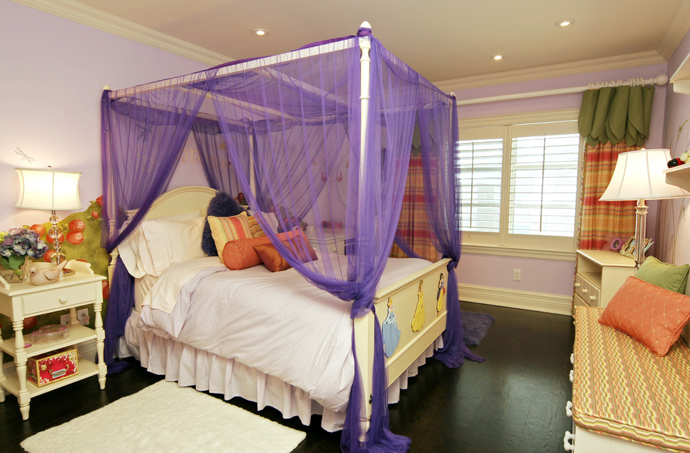 Medium sized eclectic teen’s room for girls in Toronto with purple walls and dark hardwood flooring.