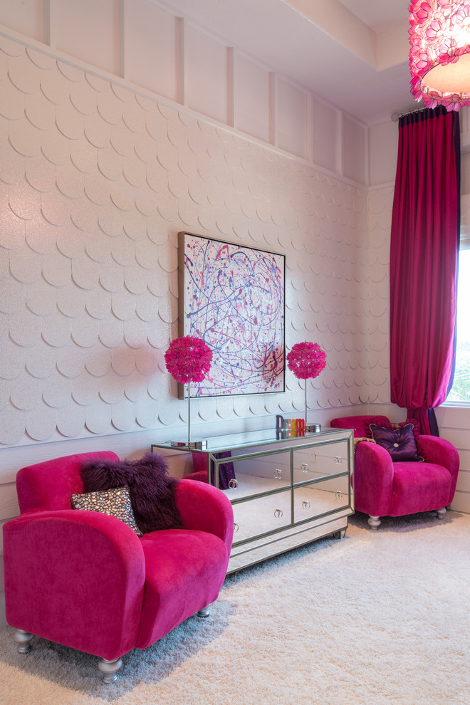 Mittelgroßes Modernes Mädchenzimmer mit Schlafplatz, weißer Wandfarbe, Teppichboden und weißem Boden in Sonstige