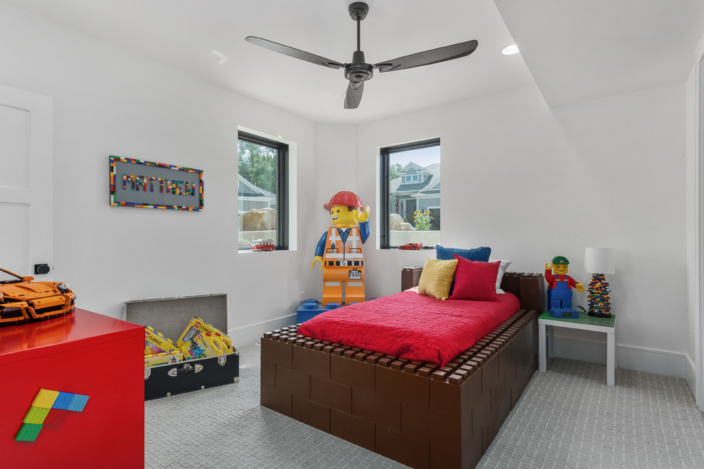 Diseño de dormitorio infantil actual grande con paredes blancas, suelo de baldosas de porcelana y suelo gris