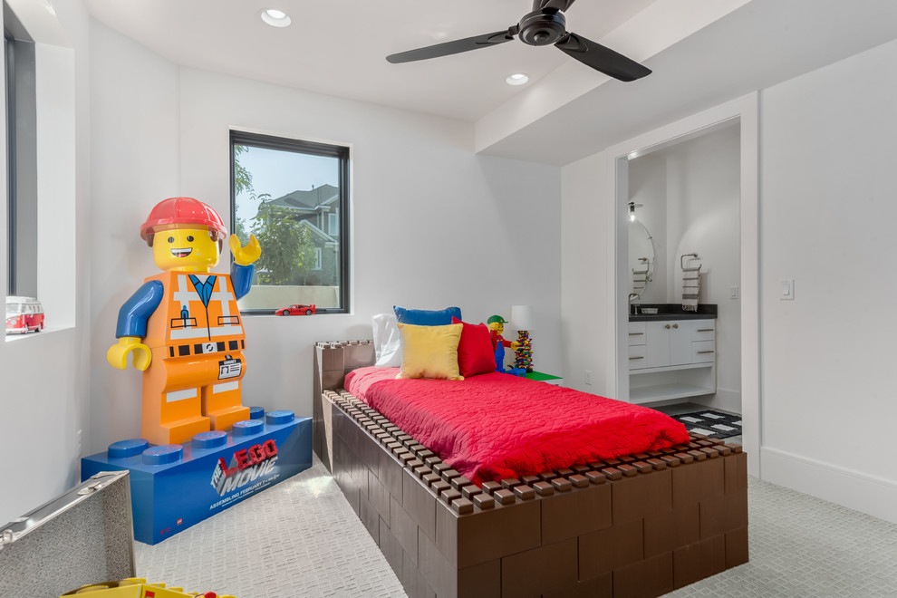 Large trendy porcelain tile and gray floor kids' room photo in Salt Lake City with white walls