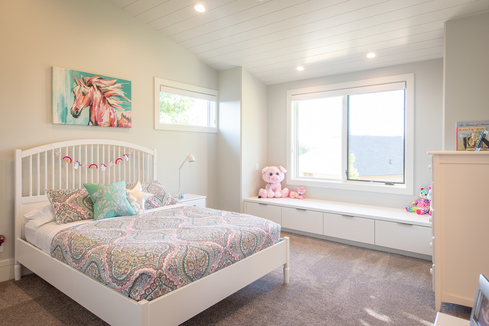 ソルトレイクシティにある広いトランジショナルスタイルのおしゃれな子供部屋 (グレーの壁、カーペット敷き、ベージュの床、児童向け) の写真