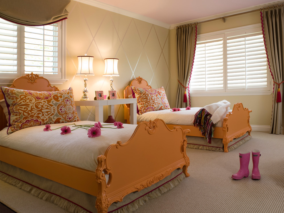 Example of a classic girl carpeted kids' room design in San Francisco with beige walls