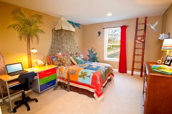 Diseño de dormitorio infantil clásico con paredes amarillas y moqueta