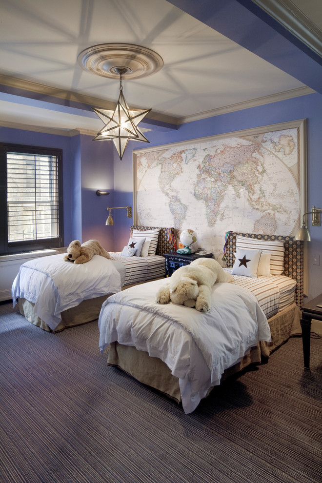 Example of a classic gender-neutral carpeted kids' room design in New York with purple walls