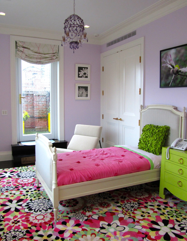 Kids' room - contemporary girl kids' room idea in New York with purple walls