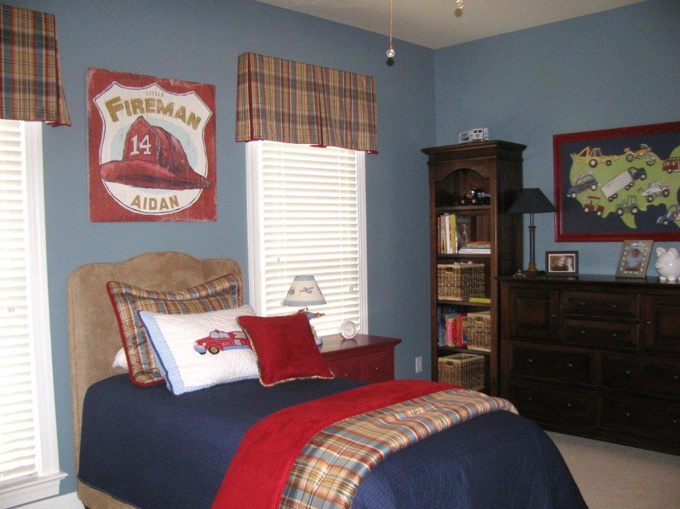 Kids' room - mid-sized traditional boy carpeted kids' room idea in Raleigh with blue walls