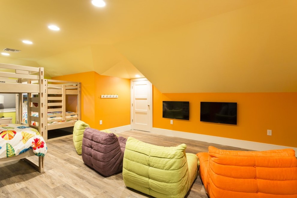 Photo of a large traditional gender neutral children’s room in Orlando with porcelain flooring, multi-coloured walls and beige floors.