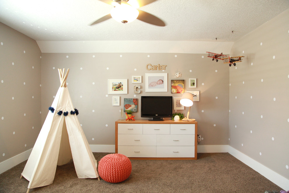 Inspiration for an eclectic carpeted kids' room remodel in Salt Lake City with gray walls