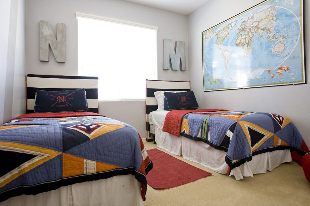 This is an example of a traditional children’s room for boys in Salt Lake City with grey walls and carpet.