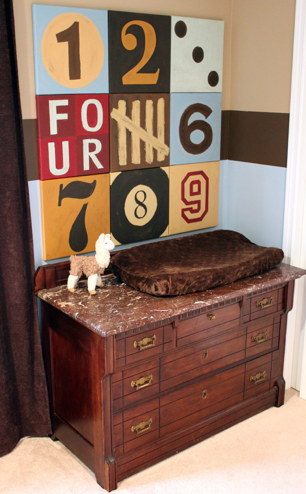 Inspiration for a large timeless boy carpeted kids' room remodel in Chicago with brown walls